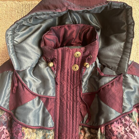 Vintage Patchwork Puffy Coat | 80s 90s Retro Lace + Velvet Hooded Jacket - Picture 6 of 13